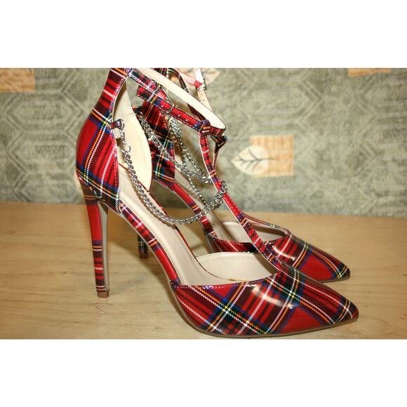 New Delicious Red Plaid Patent Ankle Strap Pumps 11 - Picture 1 of 5
